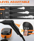 Heavy Duty Portable Handheld Steam Cleaner For Home And Auto Fast Fifteen Second Heat Up With Massive Water Tank And Sixteen Versatile Tips, showing 3-level adjustable steam modes.