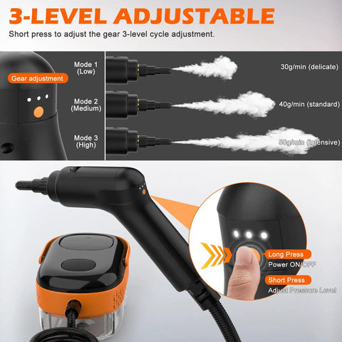 Heavy Duty Portable Handheld Steam Cleaner For Home And Auto Fast Fifteen Second Heat Up With Massive Water Tank And Sixteen Versatile Tips, showing 3-level adjustable steam modes.