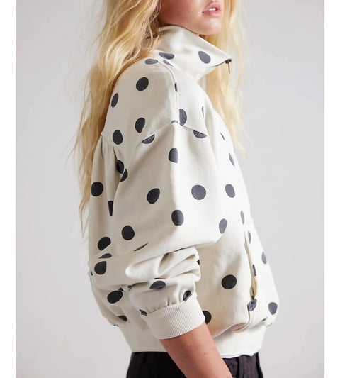 Side view of woman in Polka Dot Half Zip Sweatshirt For Women, Oversized Fleece Pullover With Pockets, Long Sleeve Quarter Zip Casual Hoodie