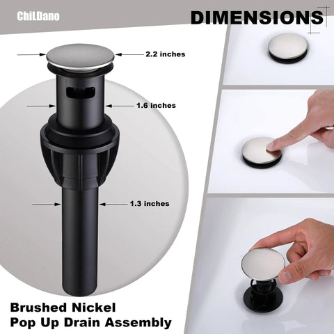 Dimensions of the brushed nickel pop-up drain assembly for 8 Inch Brushed Nickel Widespread Bathroom Faucet With Two Handles, 3 Hole Mount, SpotShield Finish, Solid Copper Construction, Includes Sink Drain And Water Supply Hose, Durable Modern Bath Faucet For Easy Renos.