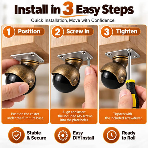 Install guide for Twelve Piece 2 Inch Ball Caster Set With Swivel Plate Mount For Furniture And Cabinet Projects with steps shown.