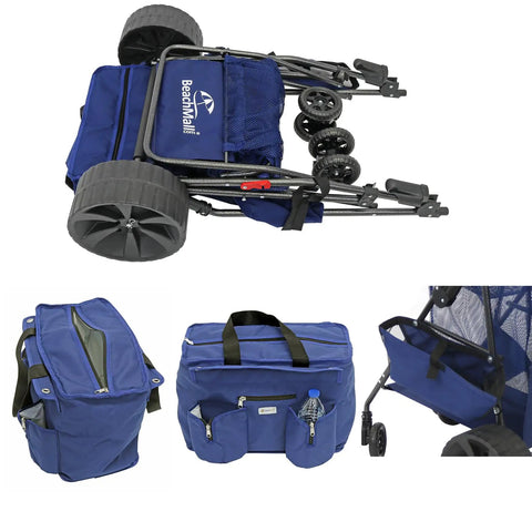 Beach Cart With Big Sand Wheels For Easy Sand Haul, folded view with cooler bag, showing large PP wheels and storage compartments.