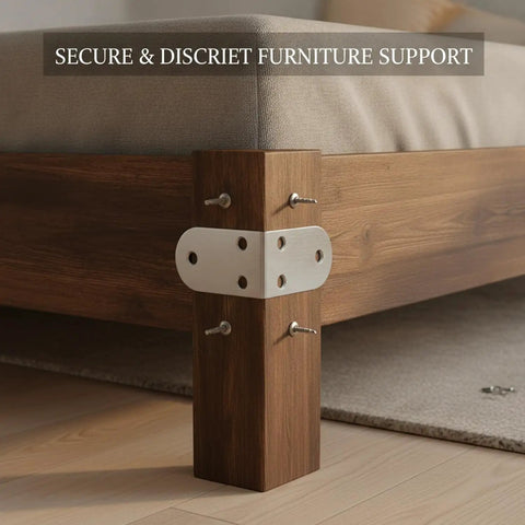 Beefy Heavy Duty Stainless Steel L Brackets 90 Degree Corner Brace Set on wooden bed frame for secure support