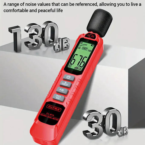 Real Talk Noise Meter For Home, Workshop And Studio Use With 30 To 130 dB Range, A Weighted Sound Profile, Clear LCD Backlit Display, Max Min Data Retention, Auto Power Off, 1.5 dB Accuracy, Super Easy Read, And User Friendly. Red handheld sound level meter showing 30 dB and 130 dB reference
