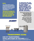 Infographic on transformer sizing for low voltage lighting systems with calculation example and transformer image.