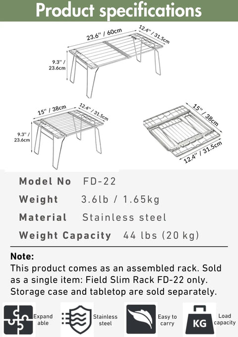 Expandable Slim Camping Rack Foldable Gear Shelf for Tent, Car, and RV Camping, Adjustable 15 to 23.6 Inches, Stackable Portable Outdoor Storage with Tool-Free Hook-On Legs