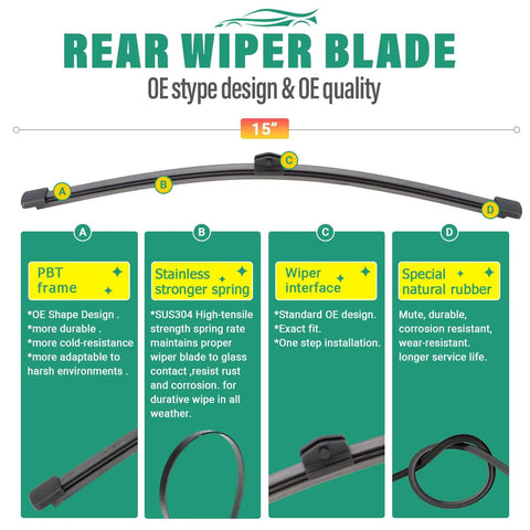 Diagram of rear wiper blade features for Audi Windshield Wiper Blades Replacement Set Of 3 Front And Rear Fits 2018 2025 Q5 SQ5 Q5 PHEV