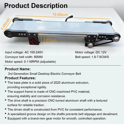 12V Variable Speed Industrial Conveyor Belt System With Controller 116 RPM Motor Heavy Duty Built To Last Pro Grade Aluminum And PVC Frame For Industrial And DIY Projects Compact 19 7 By 3 9 Inches shown in product description with dimensions.