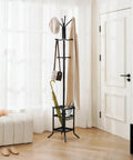 Freestanding Coat Rack With Umbrella Holder Twelve Hooks Three Tier Metal Coat Tree in modern living room corner