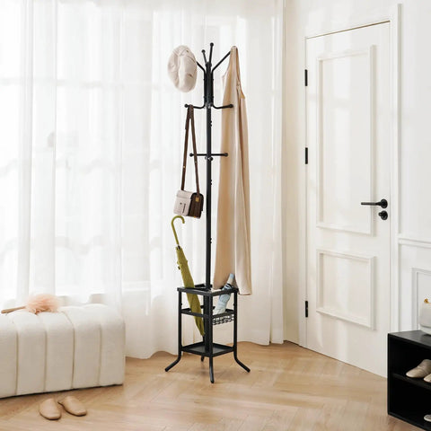 Freestanding Coat Rack With Umbrella Holder Twelve Hooks Three Tier Metal Coat Tree in modern living room corner