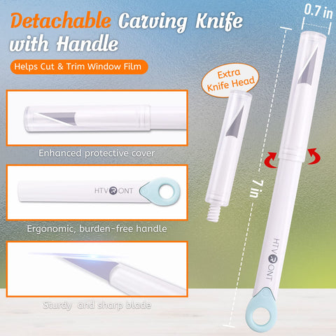Detachable knife for 4 Piece Window Film Kit For Privacy And Tinting Easy Peasy Install On Glass And Car Windows, includes extra blade.
