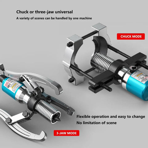Heavy Duty 5 Ton Hydraulic Gear Puller And 3 Jaw Wheel Bearing Extractor showing 3-jaw and chuck modes for versatility.