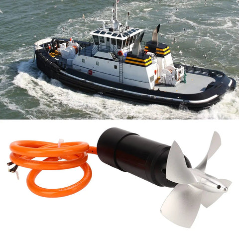 Beefy 48V Underwater Thruster for RC Boats and ROVs, 4000 RPM Aluminum CNC Housing with a 4 Blade Propeller, next to a tugboat.