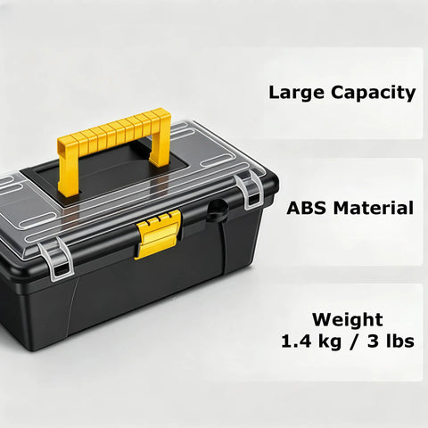 Rugged Outdoor Tool Box With Ergonomic Non Slip Handle, Durable Plastic Storage Case Featuring Yellow Handle and Snap-Lock Lid