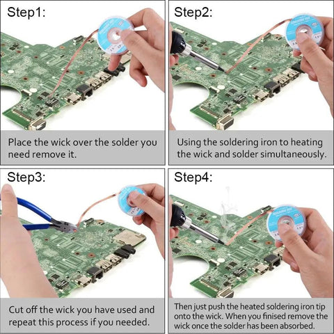 Step-by-step use of 4 In 1 Desoldering Kit For DIY Electronics With Vacuum Pump, Spare Nozzle, Solder Sucker on PCB.