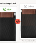 Comparison of black opaque bubble mailers with a wallet, highlighting privacy features in Black Opaque Bubble Mailers 4x8 Inch Self Seal 52 Pack Padded Envelopes Waterproof Lightweight Shipping Bags For Jewelry Makeup And Small Business Orders Versatile Packaging For Everyday Use