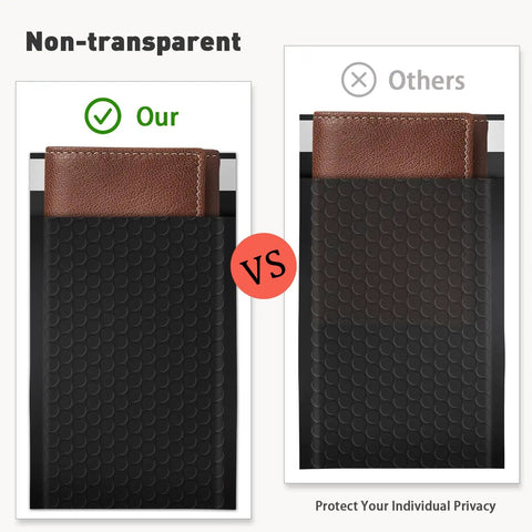 Comparison of black opaque bubble mailers with a wallet, highlighting privacy features in Black Opaque Bubble Mailers 4x8 Inch Self Seal 52 Pack Padded Envelopes Waterproof Lightweight Shipping Bags For Jewelry Makeup And Small Business Orders Versatile Packaging For Everyday Use