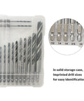 NordWolf 12-piece brad-point drill bit set in a clear storage case; double-flute, SAE 1/8–1/2 in sizes, 1/4 in hex shank
