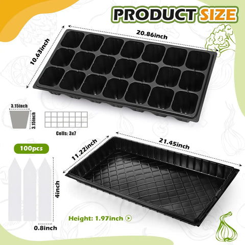 Seed Starter Kit With Dome Trays 21 Cell Plug Trays And 1020 Flat Trays No Holes Includes 100 Plant Tags For Nursery and Greenhouse.