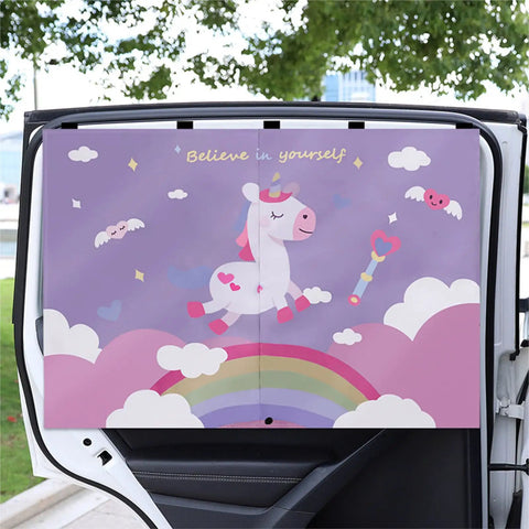 Baby Safe Car Sun Shade With Double Opening Side Window Coverage For A Private Ride Five Layer UV Blocking Mesh Unicorn Design