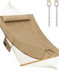 Outdoor Double Hammock With Hardwood Spreader Bars, Ultra Comfy 475 Lbs Capacity For Two, Rope Hammock With Quilted Polyester Pad and Pillow