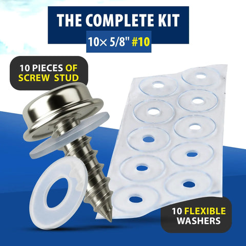 Marine Grade Stainless Steel Screw Snap Kit For Boat Covers And Canvas Includes Ten Screws And Ten Clear Vinyl Backing Washers