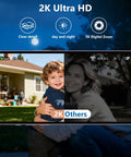 Camera view showing mother and child in backyard, demonstrating day and night 2K Ultra HD zoom with Solar Powered Wireless Outdoor Security Camera Set 2 Pack 2.4GHz WiFi Motion Detection Color Night Vision Spotlight Instant Alerts No Fuss Easy Install Two Way Audio Remote Siren SD Or Cloud Storage IP65 Weatherproof.