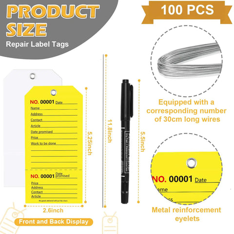 100 Pack Yellow Repair Tags With Wire Ties And Grommets, Numbered Tear Off Price Notice And Maintenance Labels For Production Equipment, Durable 2.6 x 5.25 Inch Notices, front view