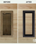 Before and after of Framed Floor Vent Luxe Upgrade With Matte Black Steel Frame Sleek Minimalist Look HVAC Air Return Register Cover