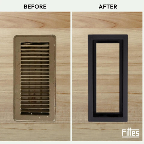 Before and after of Framed Floor Vent Luxe Upgrade With Matte Black Steel Frame Sleek Minimalist Look HVAC Air Return Register Cover