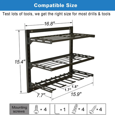 Power Tool Organizer Wall Mount With 3 Tier Storage Shelves And Cordless Drill Holder Heavy Duty Metal Garage Rack dimensions