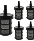 5 Pack Stainless Steel Hose Filter With Double Layer Garden Strainer for 3/8 and 1/2 inch barb fittings, close-up view.