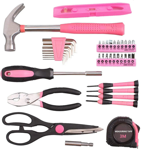 Pink 39-Piece General Home Tool Set With Portable Toolbox Case, Your DIY Must-Have Hand Tools Kit, Includes Tape Measure, Claw Hammer, Slip Joint Pliers, Level Ruler, And More For Quick Home Repairs