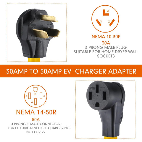 NEMA 10-30P 3 prong male plug and NEMA 14-50R 4 prong female connector for charging, 25 Foot Nema 10-30P To 14-50R EV Charger Cord Straight Up Tough Dryer Outlet Adapter Hella Flexible Level 2 Electric Vehicle Charging Cable Plug And Go Charging Solution.
