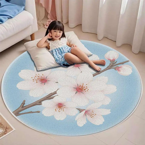 Child sitting on Watercolor Floral Non Skid Round Furniture Pad For Hardwood Floors Ideal For Office And Gaming Chairs, 47.2 Inch