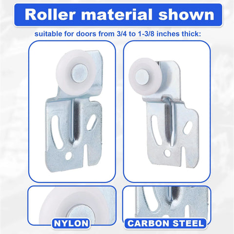 Sliding Closet Door Roller Kit For 3/4 To 1-3/8 Inch Thick Doors With Scroll Wheel Tracks And Screws, nylon and steel rollers