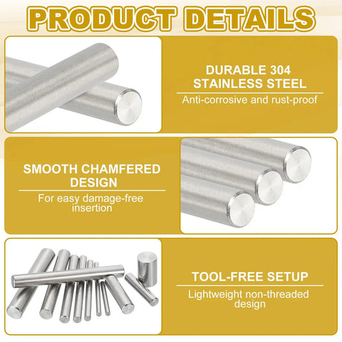 Kickass 304 Stainless Steel Dowel Pins 10Mm By 70Mm 4 Pack showing smooth chamfered ends for easy use in furniture assembly.