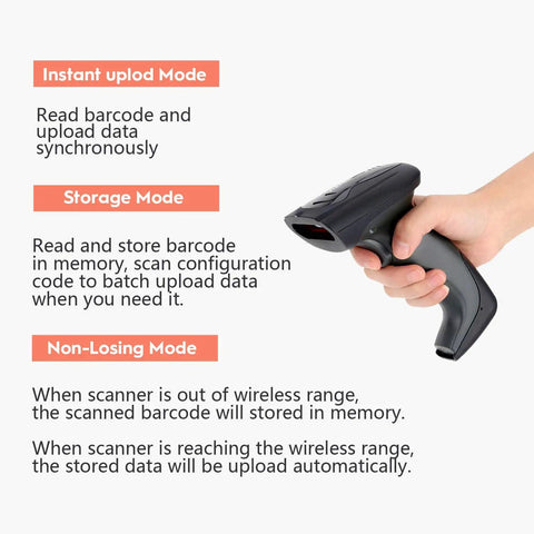 Hand holding Wireless Barcode Scanner With USB Cradle Charging Base Plug And Play Setup 328 Feet Transmission Range 1D Cordless Laser Barcode Reader Portable Handheld Scanner For Retail Supermarkets And Warehouse