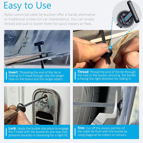 Instruction steps for using 2026 Upgraded Nylon Universal Cable Tie Buckle Heavy Duty Self Locking Zip Ties for various repairs