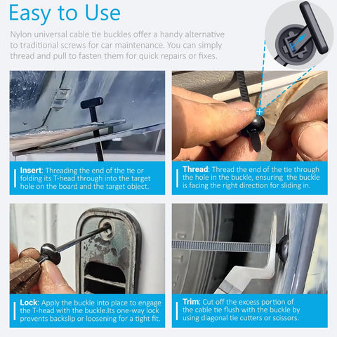 Steps for using Nylon Cable Tie Buckle Universal Self Locking Clips For Cars And Workshop Gear, 30 Pack shown in a collage