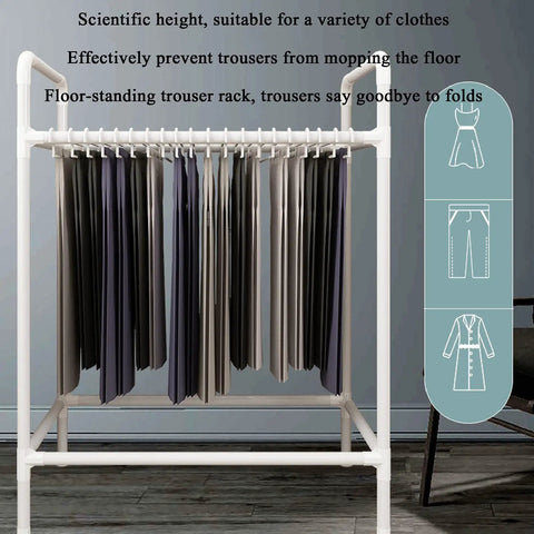 Space Saving Trouser Rack With 15 Heavy Duty Pants Clips And Smooth Wheels displaying trousers neatly hanging vertically