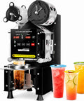 Pro Level Automatic Cup Sealer Machine For Boba And Cafe Shops, featuring three colorful drink caps and automated sealing system.