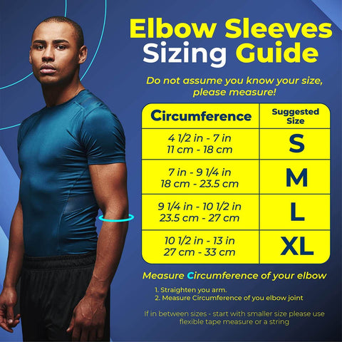 Elbow Sleeves Sizing Guide showing size chart and model with elbow measurement instructions
