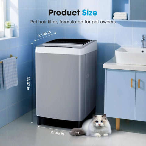 Fully Automatic Portable Washing Machine With 20 Pound Capacity And Ten Custom Wash Programs, Compact Apartment Laundry Station beside a cat.