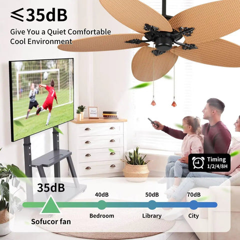 Living room with 52-Inch Tropical Palm Leaf Ceiling Fan (No Light), 5 Hand-Woven Rattan Blades, and family watching TV.