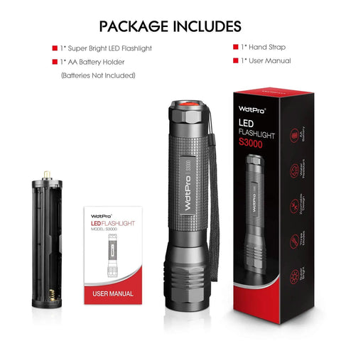 Beast Bright LED Flashlight S3000 1600 Lumen with packaging, battery holder, strap, and manual