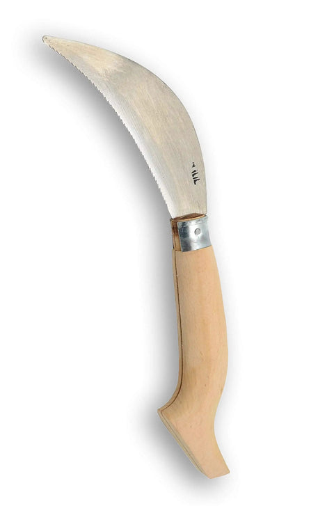 Compact Folding Garden Sickle 12 Inch Hand Weeder with serrated blade for lawn and garden care, wooden handle, side view