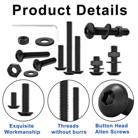 900 Piece Button Head Hex Socket Cap Screw Kit With Hex Keys M2 M2.5 M3 Allen Bolts Nuts Washers 10.9 Grade High Carbon Steel Black Oxide Fully Threaded Fastener For Tough Mech Jobs Home Repair Gonna Last Long Legit Hard Gear Upgrade For Pros. Black button head screws, nuts, washers, and hex key
