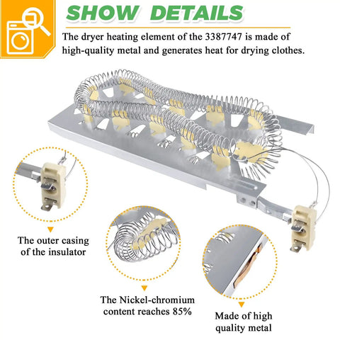 3387747 Dryer Heating Element Replacement For Kenmore Whirlpool KitchenAid And Maytag Dryers showing nickel-chromium coils