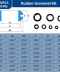 100 Piece Rubber Grommet Kit With 9 Size Hollow Firewall Hole Plugs For Wires And Cords shown with size chart and specifications